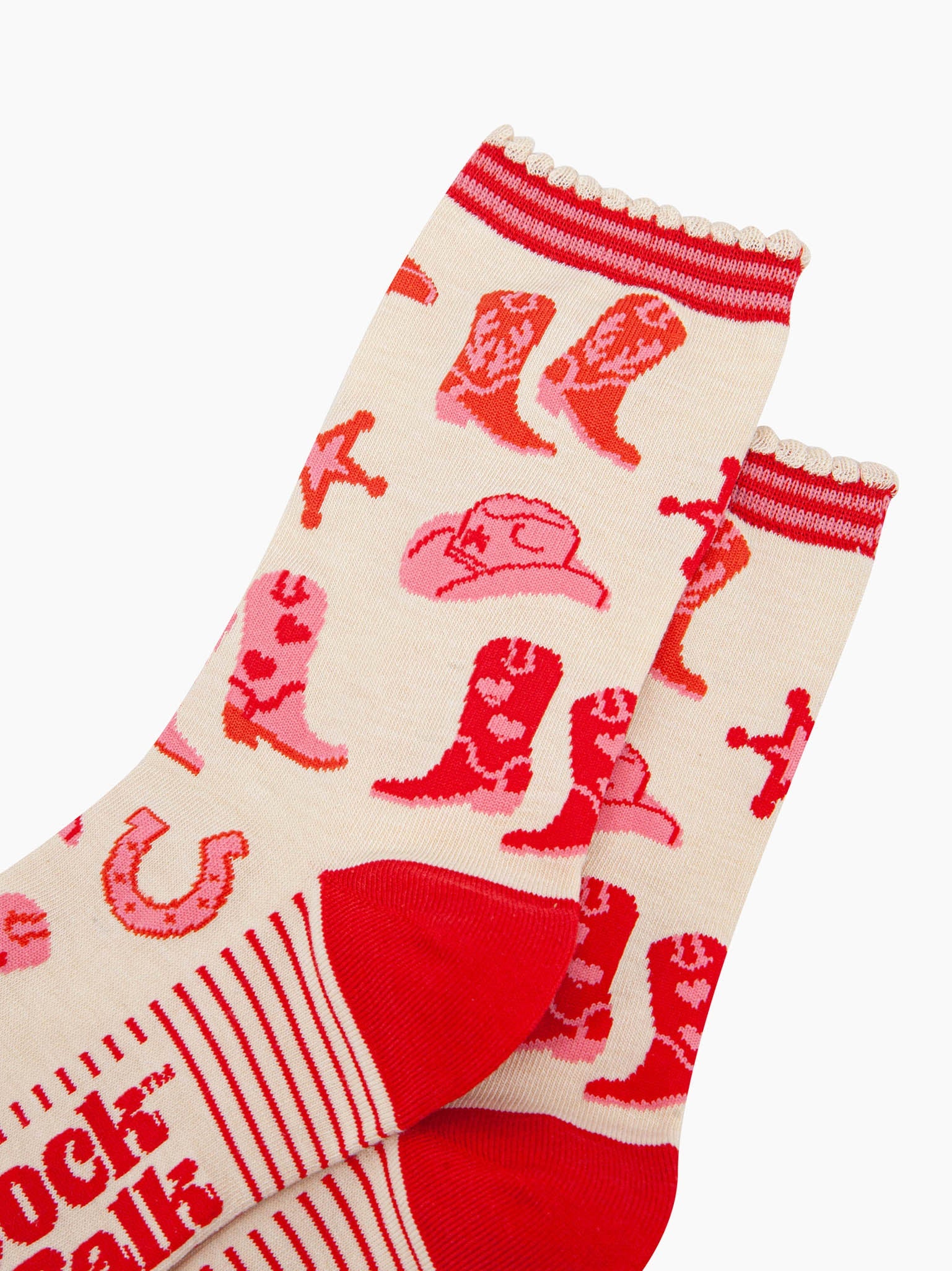 womens-bamboo-socks-cream-western-cowboy-close-up-pink-and-red-cowboy-boots-horseshoes-sherriff-badges-cowboy-hats-frilled-scalloped-cuff