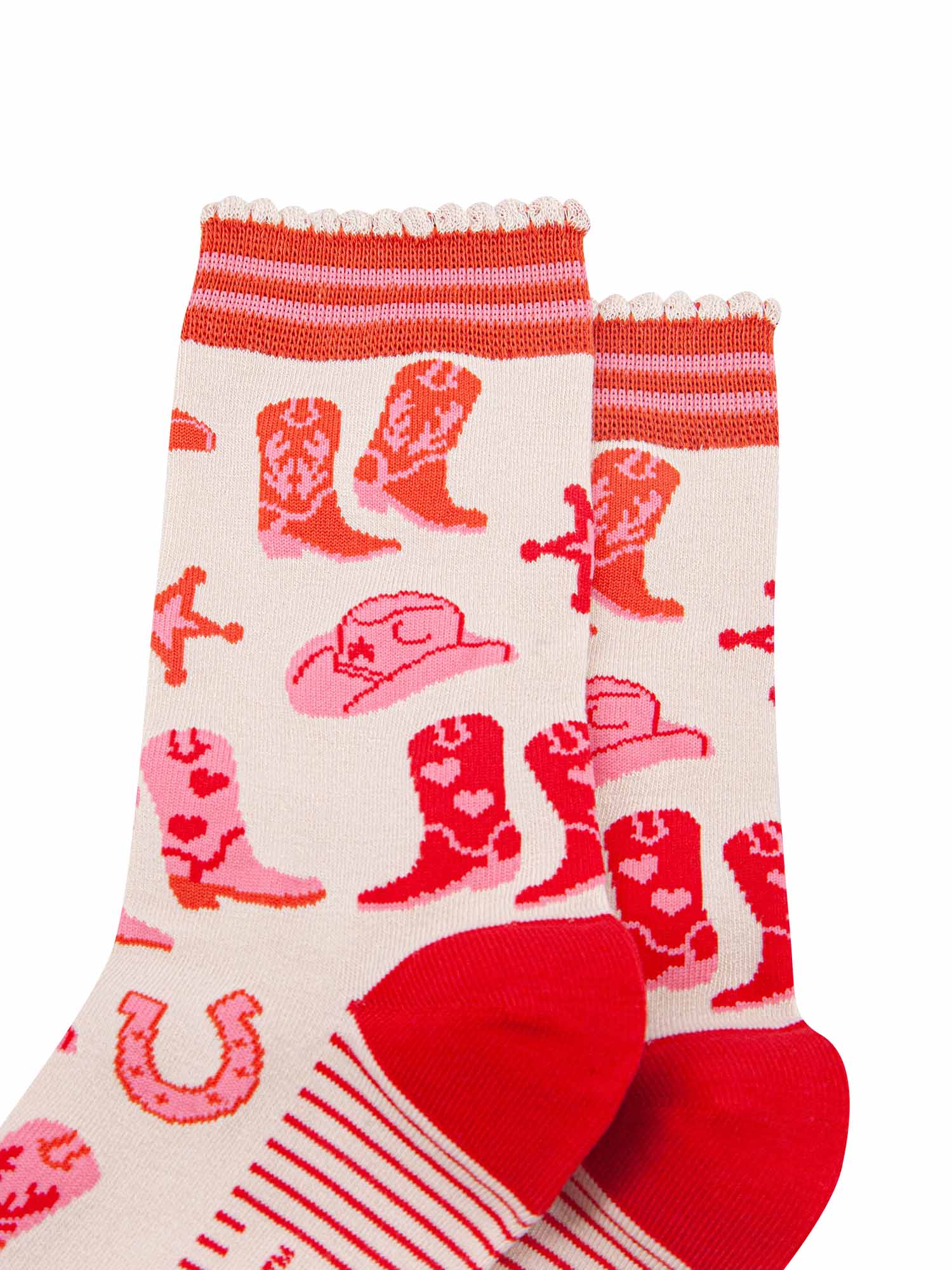 womens-bamboo-socks-cream-western-cowboy-close-up-pink-and-red-cowboy-boots-horseshoes-sherriff-badges-cowboy-hats-frilled-scalloped-cuff