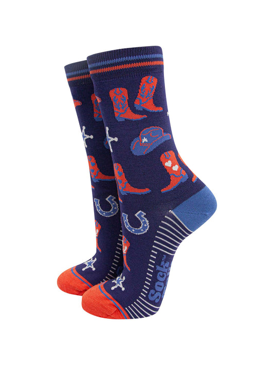 womens-bamboo-socks-navy-blue-denim-blue-cowboy-boots-and-hat