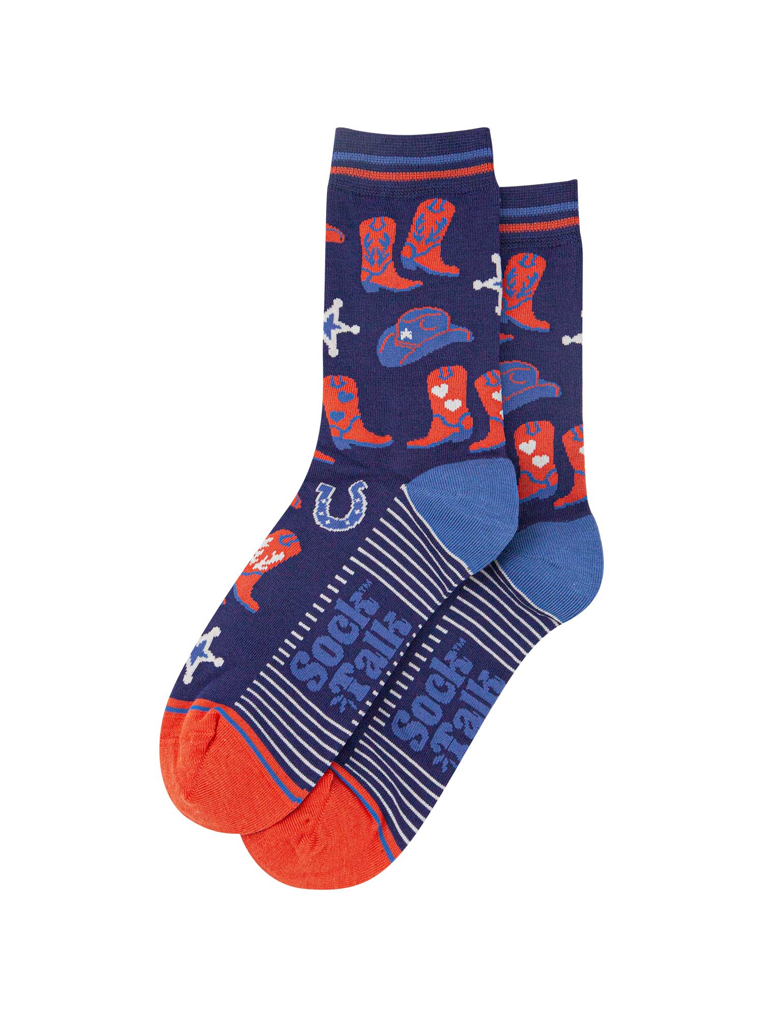 womens-bamboo-socks-navy-blue-denim-blue-cowboy-boots-and-hat-laying-flat