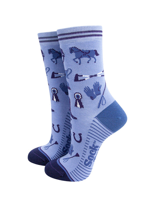 Horse-Riding-Bamboo-Socks-in-Blue-On-Mannequin