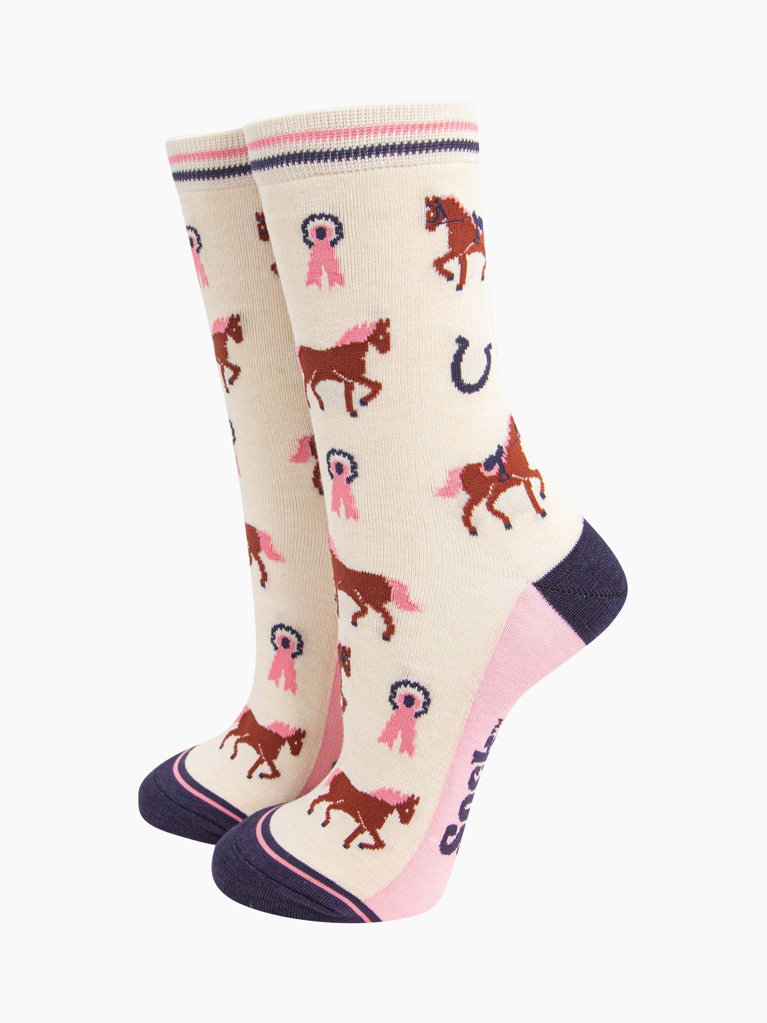 womens-bamboo-socks-cream-horse-riding-brown-eventing-horses-pink-rosettes-navy-horseshoes