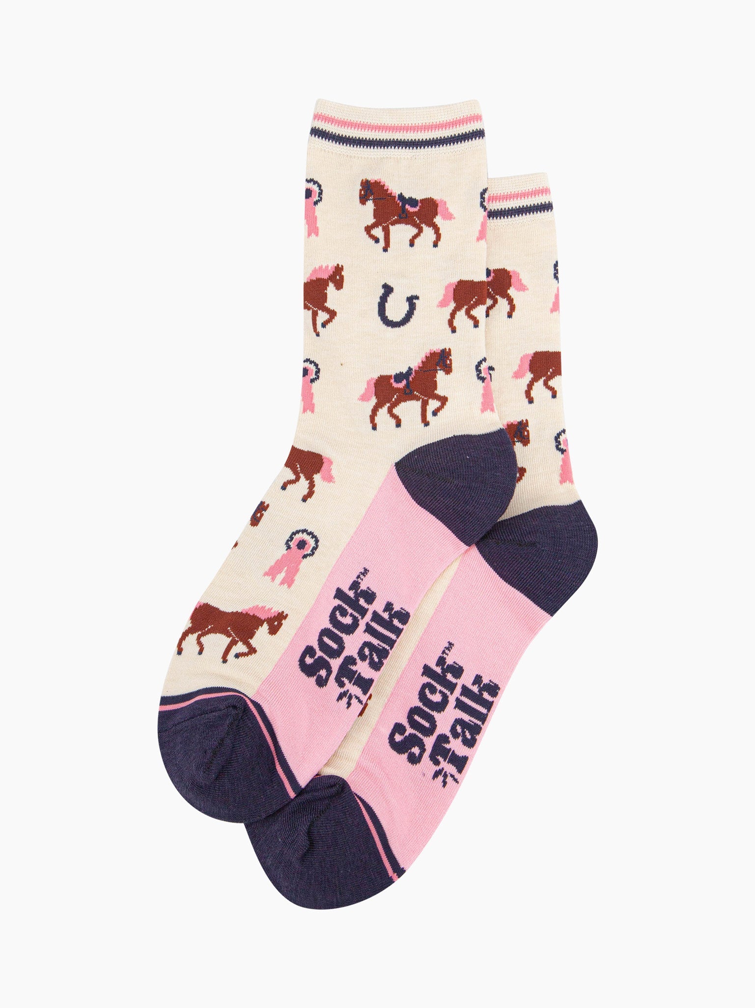 womens-bamboo-socks-cream-horse-riding-laying-flat-showing-all-over-equestrian-pattern