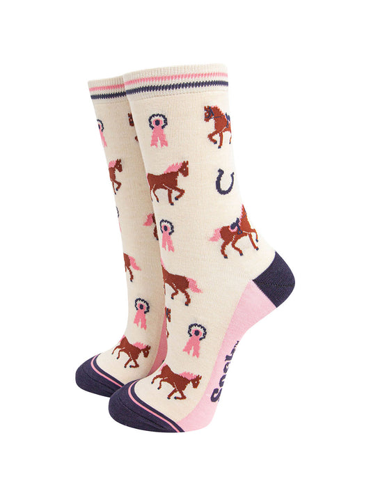 womens-bamboo-socks-cream-horse-riding-brown-eventing-horses-pink-rosettes-navy-horseshoes
