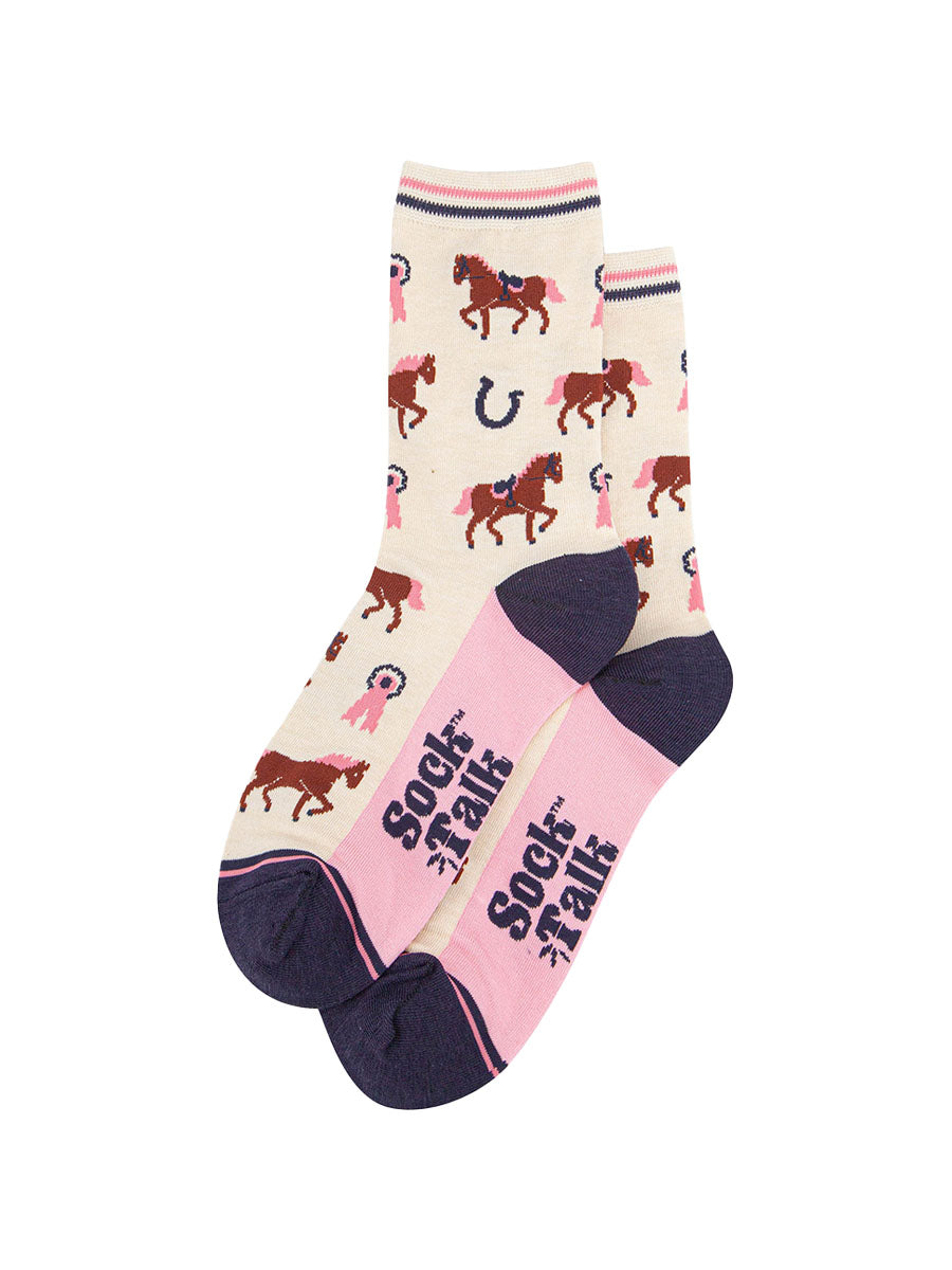 womens-bamboo-socks-cream-horse-riding-laying-flat-showing-all-over-equestrian-pattern