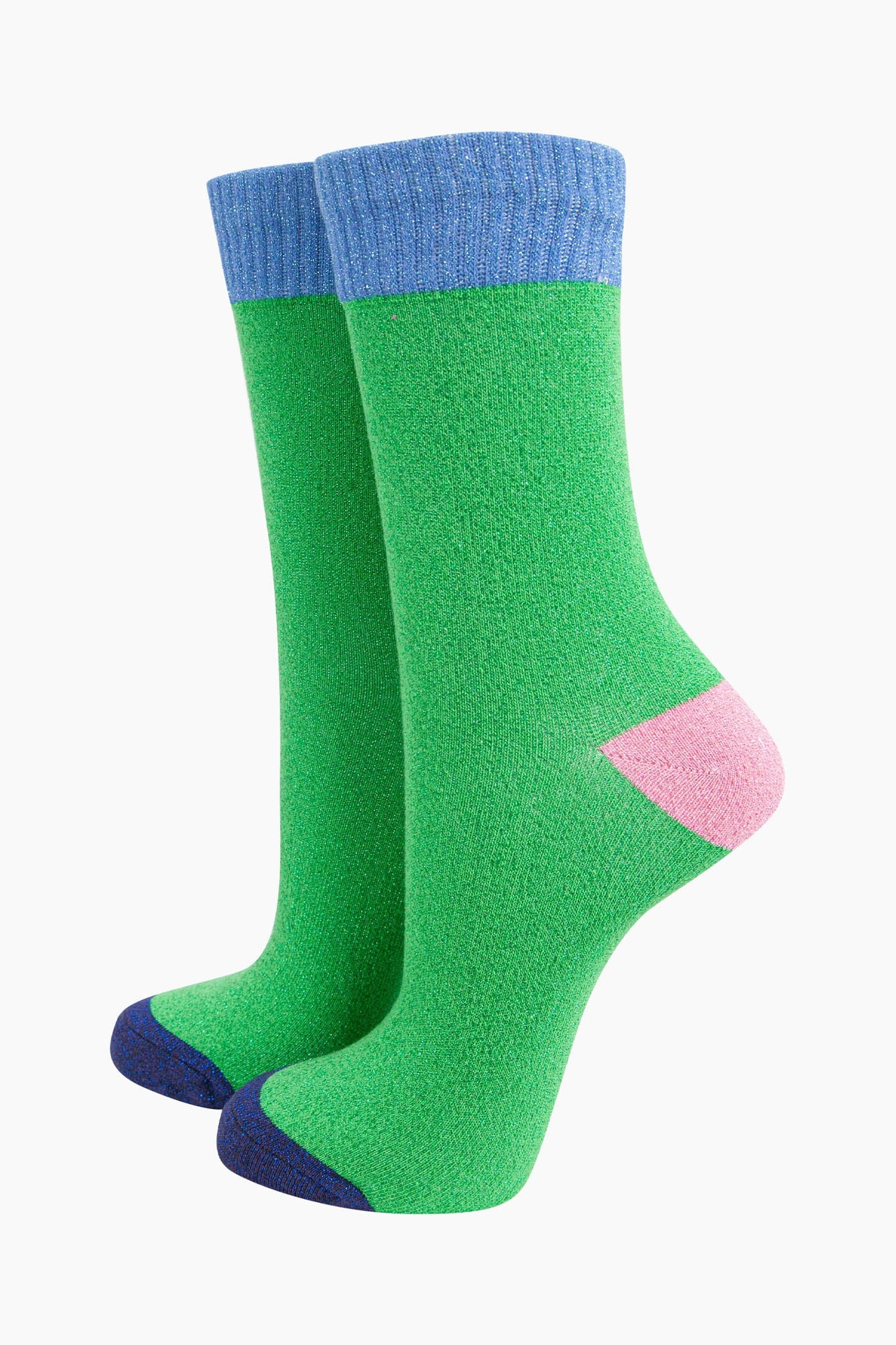 Women's Glitter Socks - Lime/Denim Blue, Multi Colour