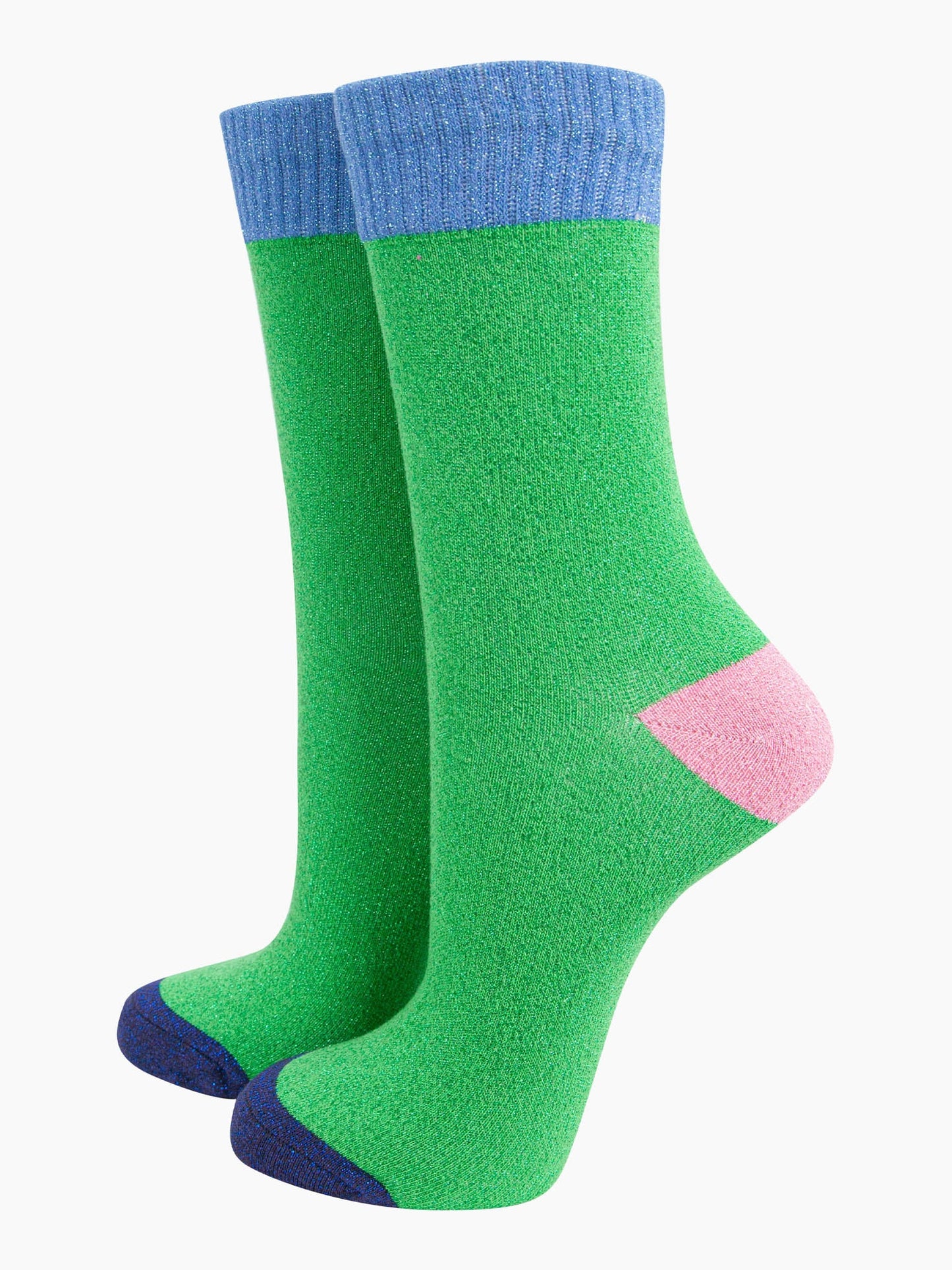 Women's Glitter Socks - Lime/Denim Blue, Multi Colour