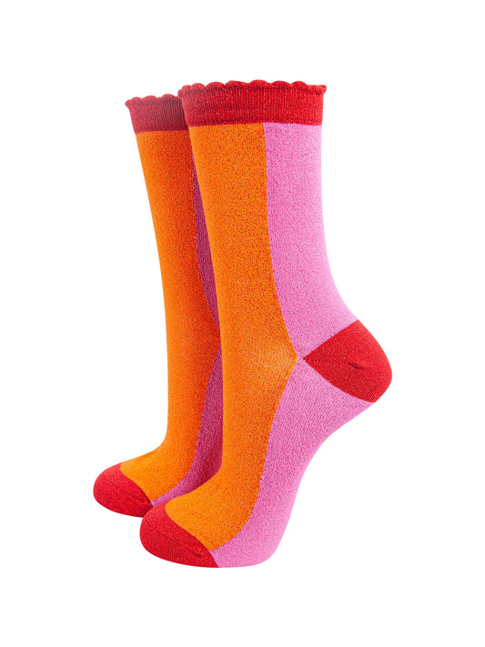 Colour Block Combed Cotton Glitter Socks in Orange/Pink