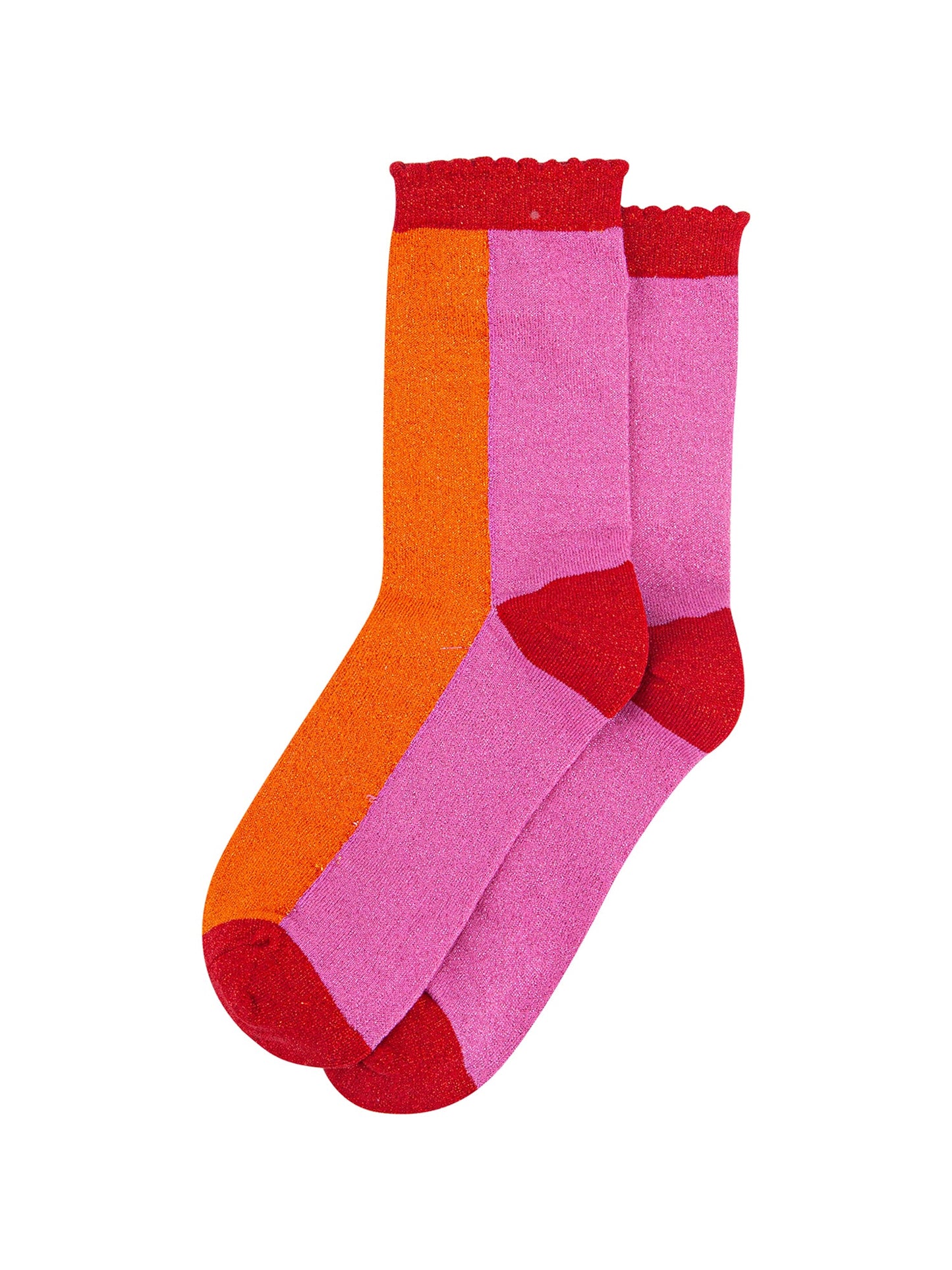 Colour Block Combed Cotton Glitter Socks in Orange/Pink