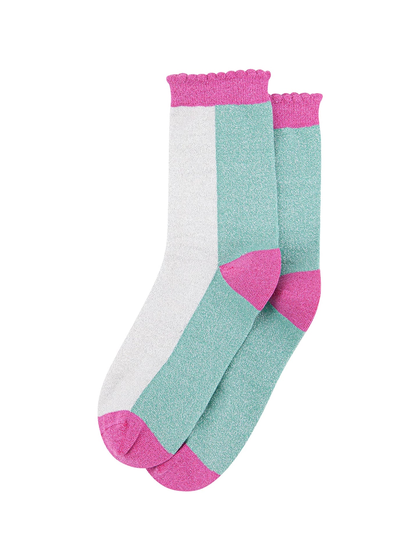 Colour-Block-Combed-Cotton-Glitter-Socks-in-Sage-Green-Hot-Pink-flat-lay