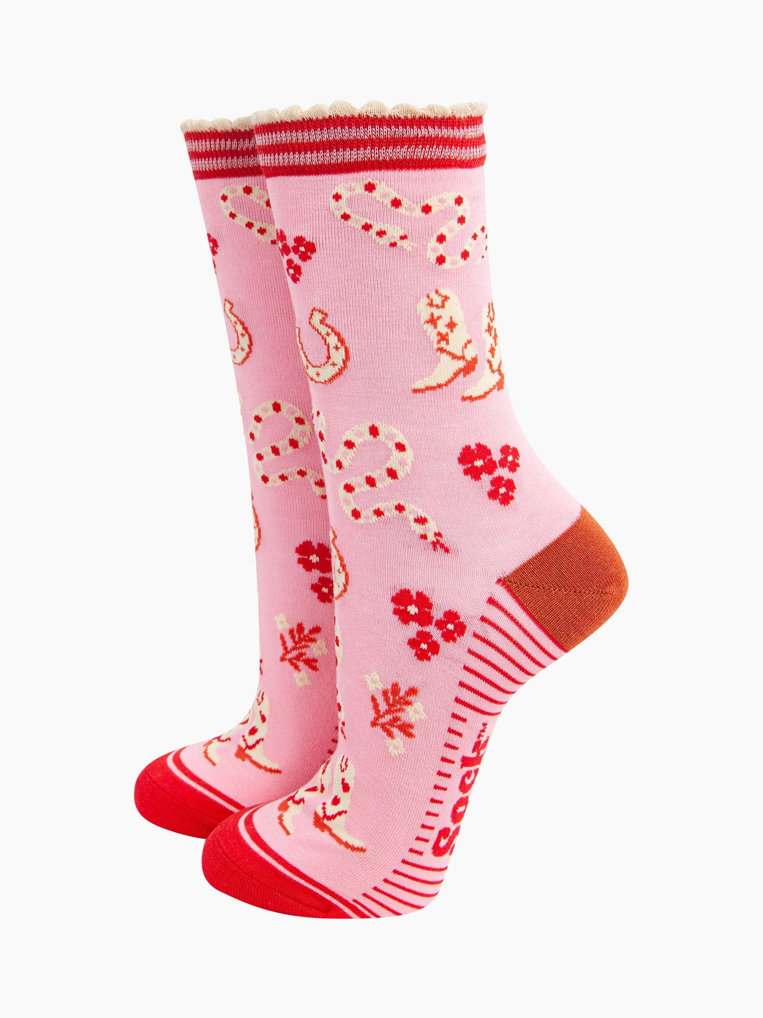 womens-bamboo-socks-pink-western-cowgirl-snakes-pattern-rattle-snakes-cowboy-boots-desets-flowers