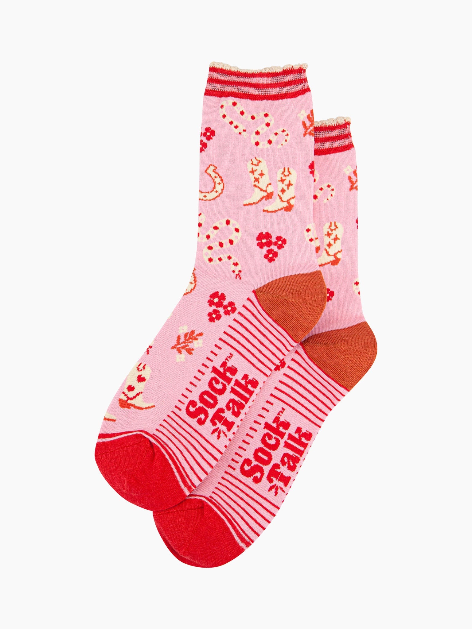 womens-bamboo-socks-pink-western-cowgirl-snakes-laying-flat-showing-all-over-pattern-snaked-cowboy-boots-flowers