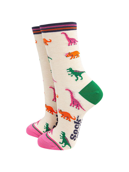 womens-bamboo-socks-cream-multi-dinosaurs-pattern-trex-brontosaurus-triceratops-bright-colours-pink-orange-green-on-cream-background
