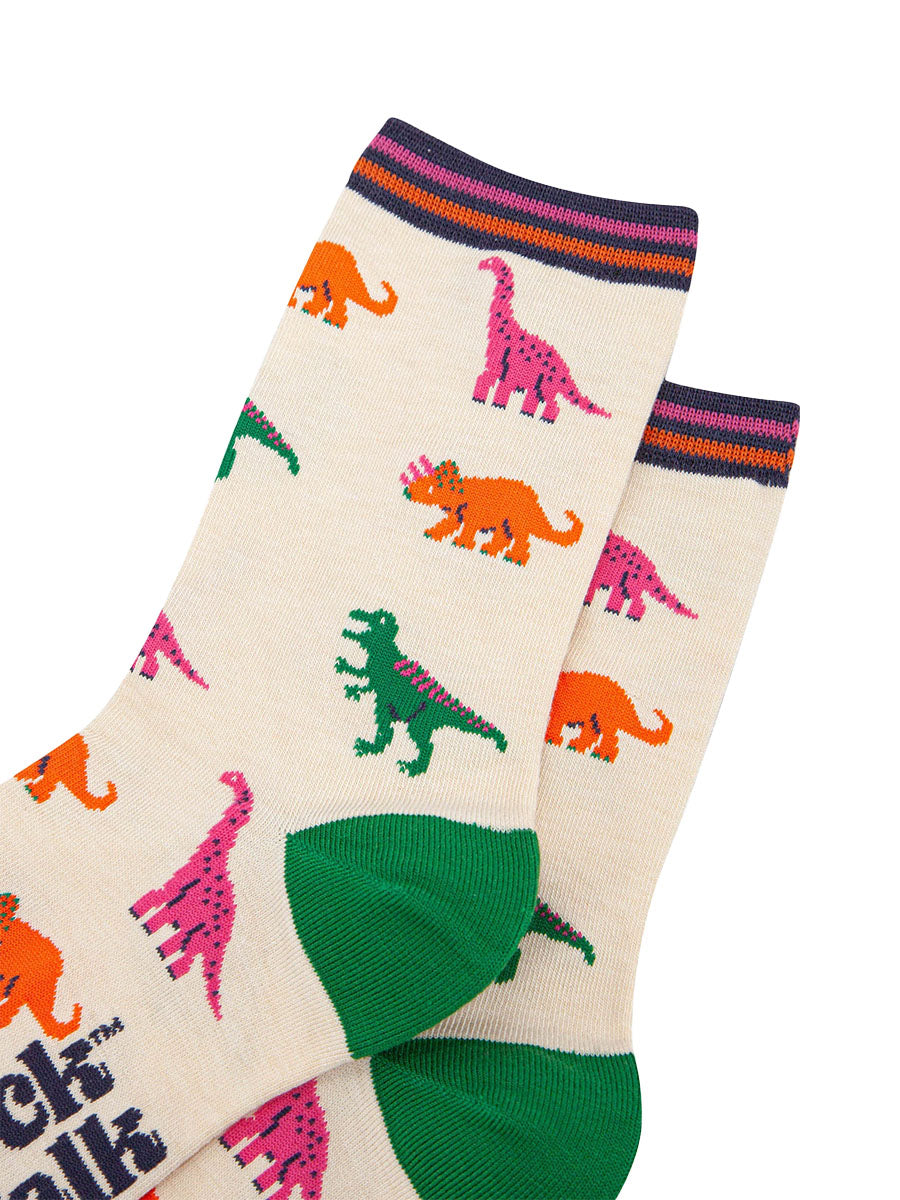 womens-bamboo-socks-cream-multi-dinosaurs-close-up-pink-brontosaurus-orange-triceratops-green-trex-striped-cuff