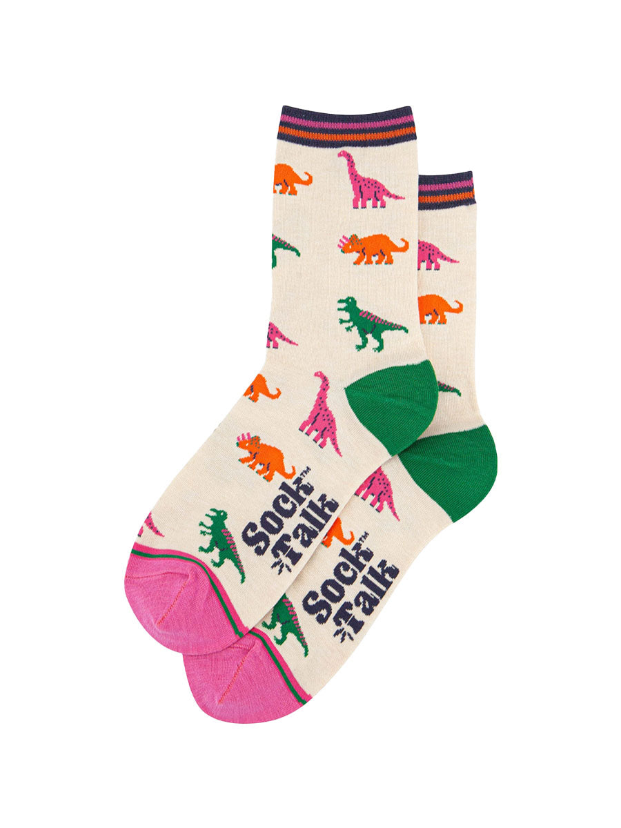 womens-bamboo-socks-cream-multi-dinosaurs-laying-flat-colourful-dino-pattern-repeats-all-over-the-design