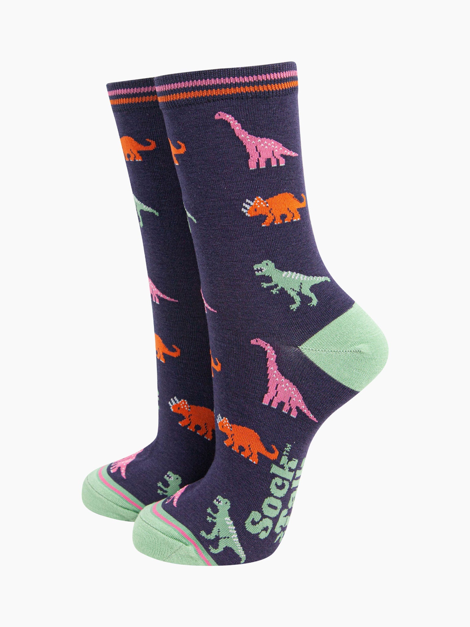 womens-bamboo-socks-navy-multi-dinosaurs-pattern-pink-brontosaurus-orange-triceratops-green-trex