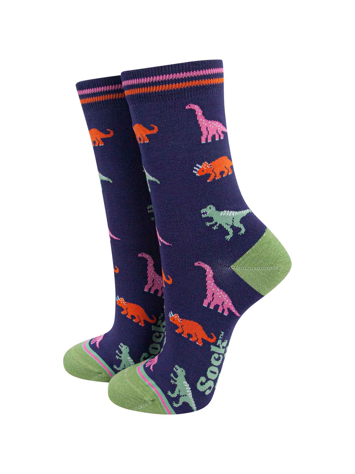 womens-bamboo-socks-navy-multi-dinosaurs-pattern-pink-brontosaurus-orange-triceratops-green-trex