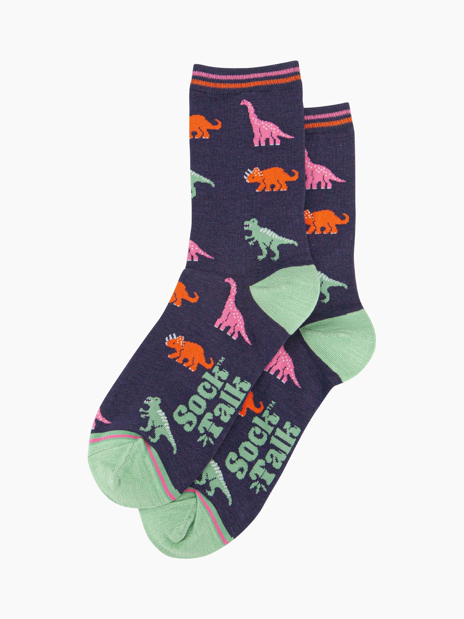 womens-bamboo-socks-navy-multi-dinosaurs-laying-flat-colourful-dino-pattern-repeats-over-the-design