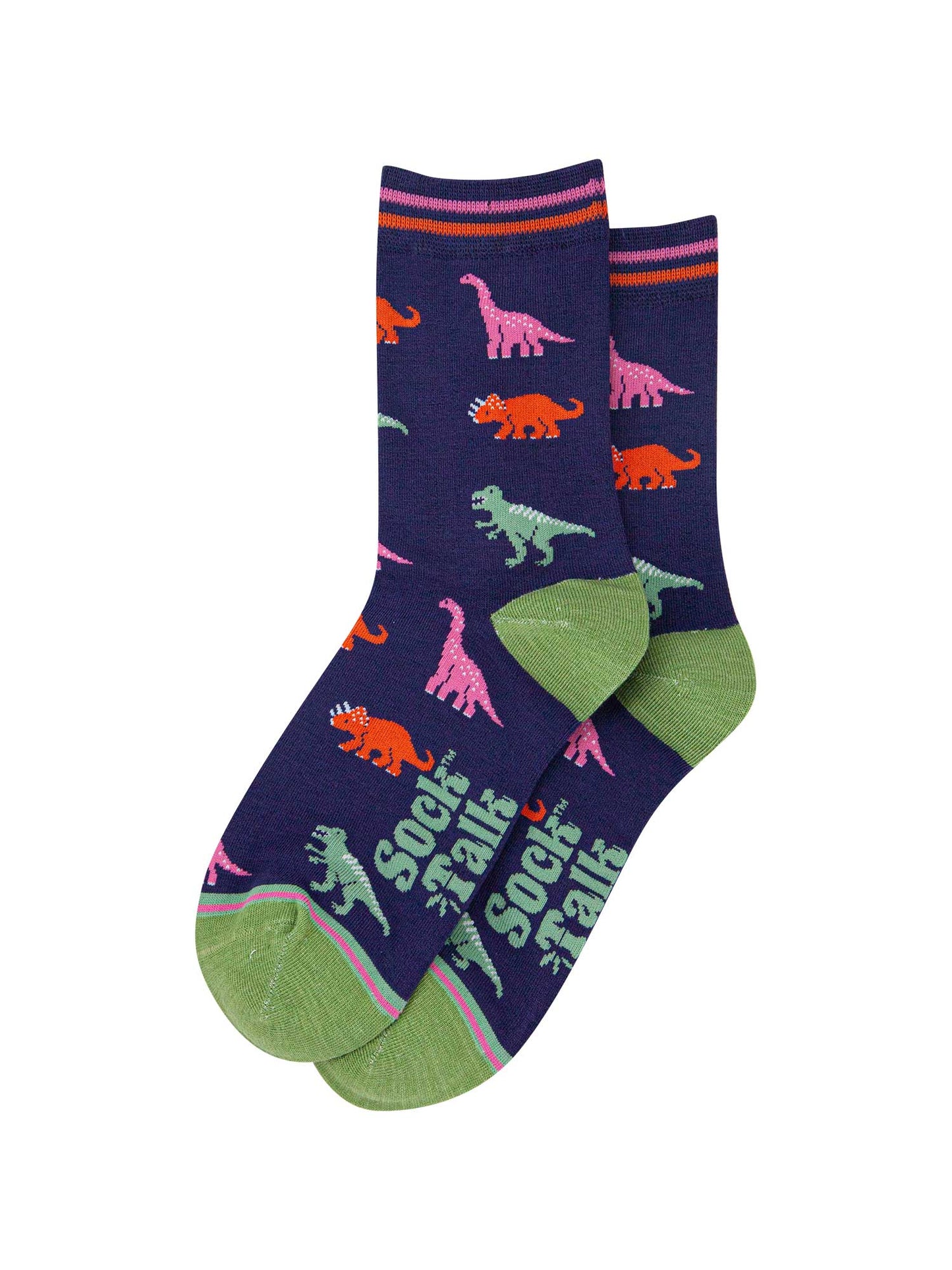 womens-bamboo-socks-navy-multi-dinosaurs-laying-flat-colourful-dino-pattern-repeats-over-the-design