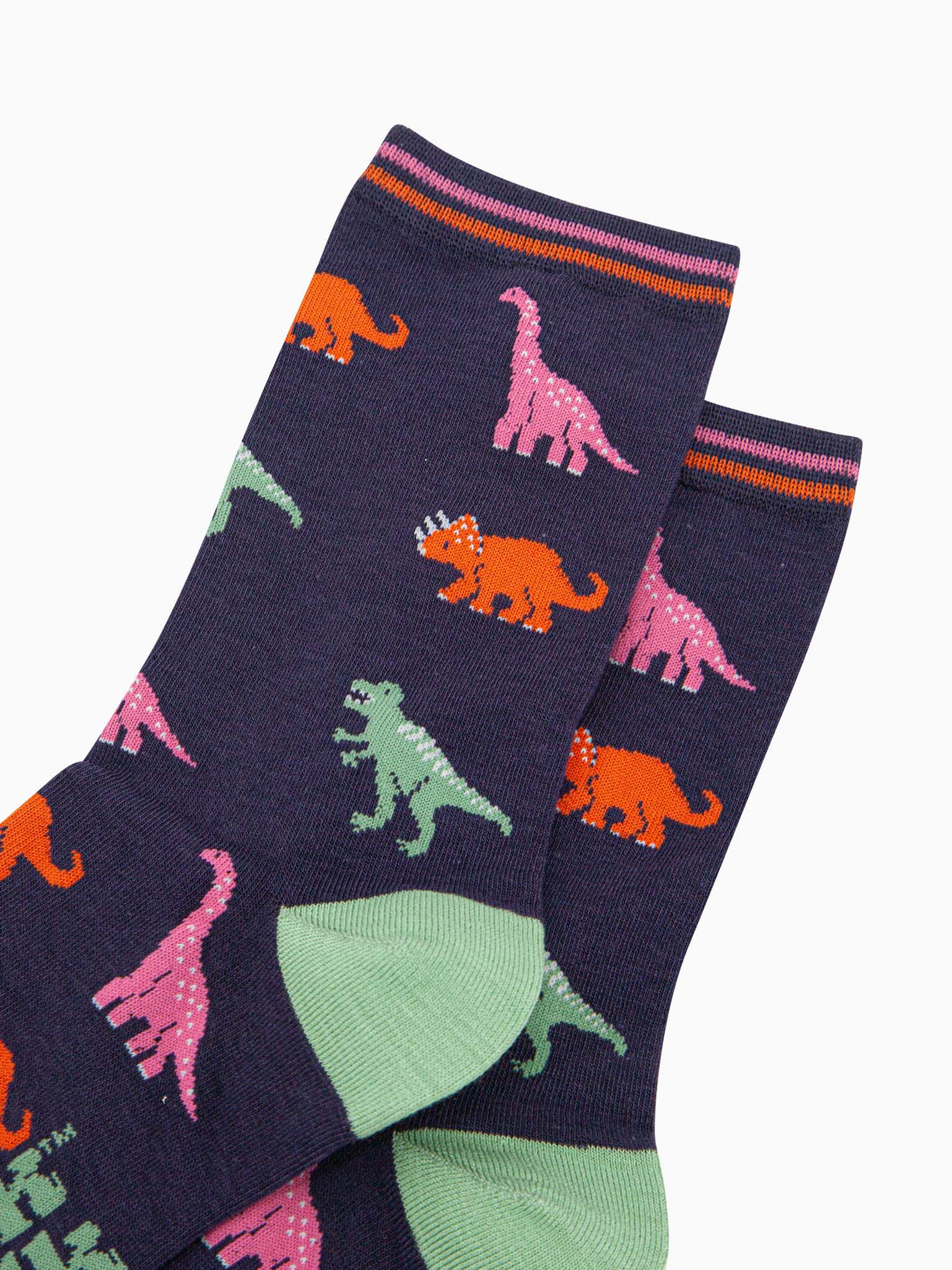 womens-bamboo-socks-navy-multi-dinosaurs-close-up-pink-brontosaurus-orange-triceratops-green-t-rex-orange-and-pink-striped-cuff