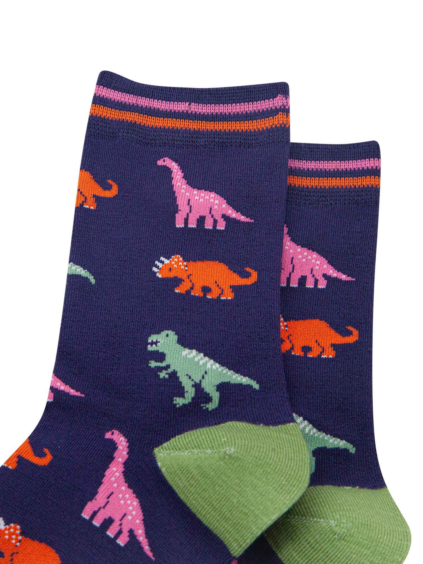 womens-bamboo-socks-navy-multi-dinosaurs-close-up-pink-brontosaurus-orange-triceratops-green-t-rex-orange-and-pink-striped-cuff