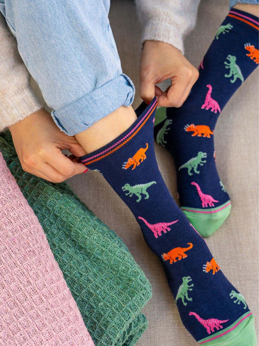 womens-bamboo-socks-navy-multi-dinosaurs-worn-by-model