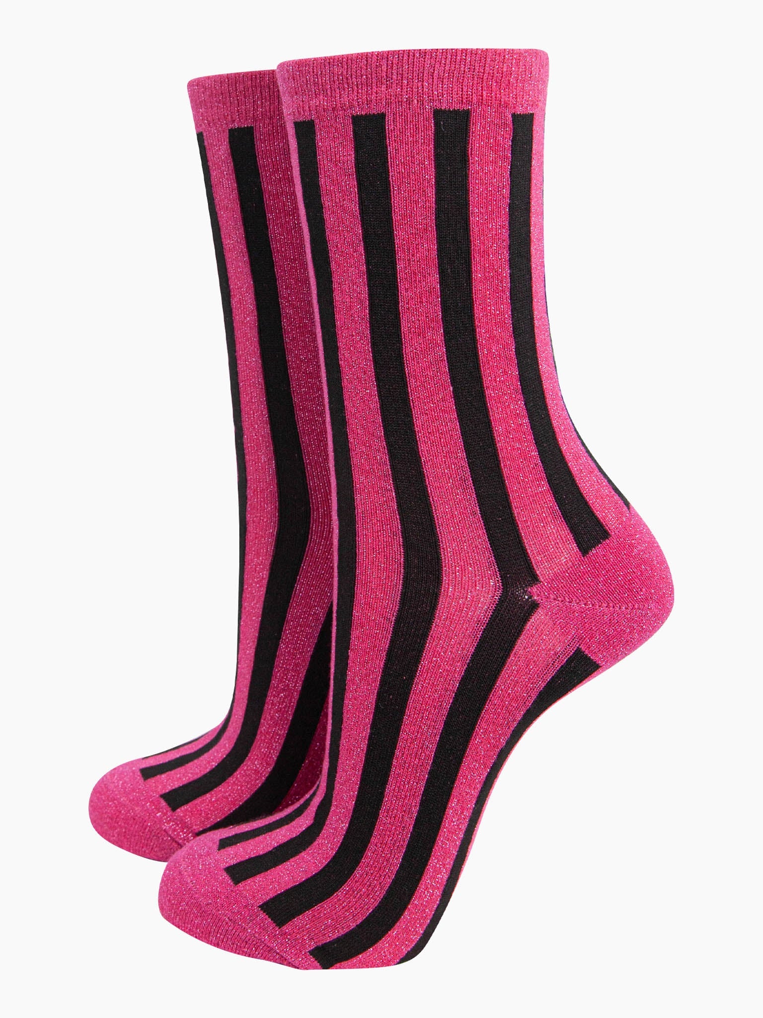 womens-glitter-socks-hot-pink-black-stripes-vertical-contrasting-stripe-pattern