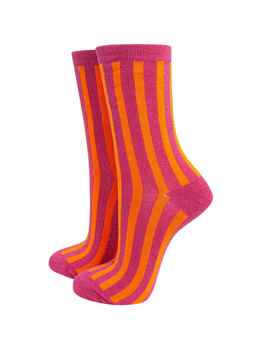 womens-glitter-socks-hot-pink-orange-stripes-vertical-contrasting-stripe-pattern