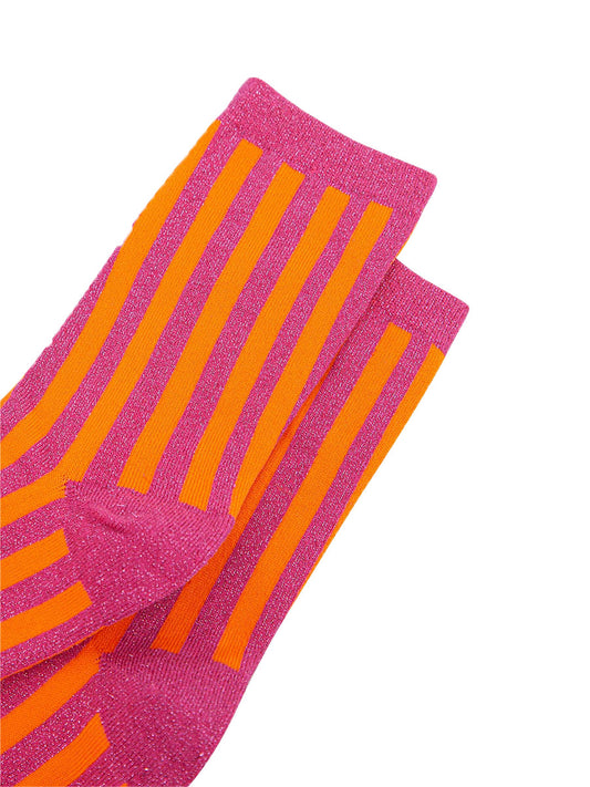 womens-glitter-socks-hot-pink-orange-stripes-close-up-orange-pink-stripes-silver-sparkly-glitter