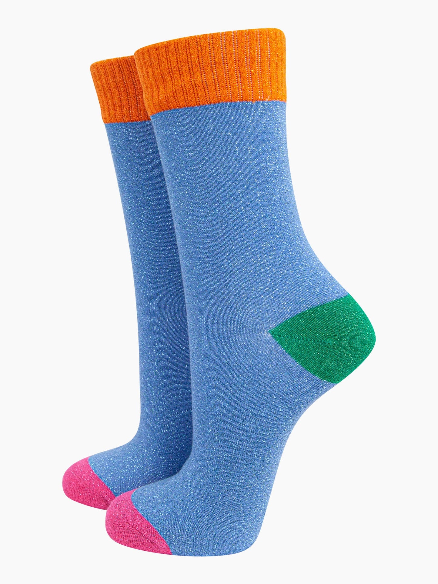 womens-glitter-socks-blue-orange-colour-burst-green-heel-pink-toe-sparkly-ribbed-cuffs