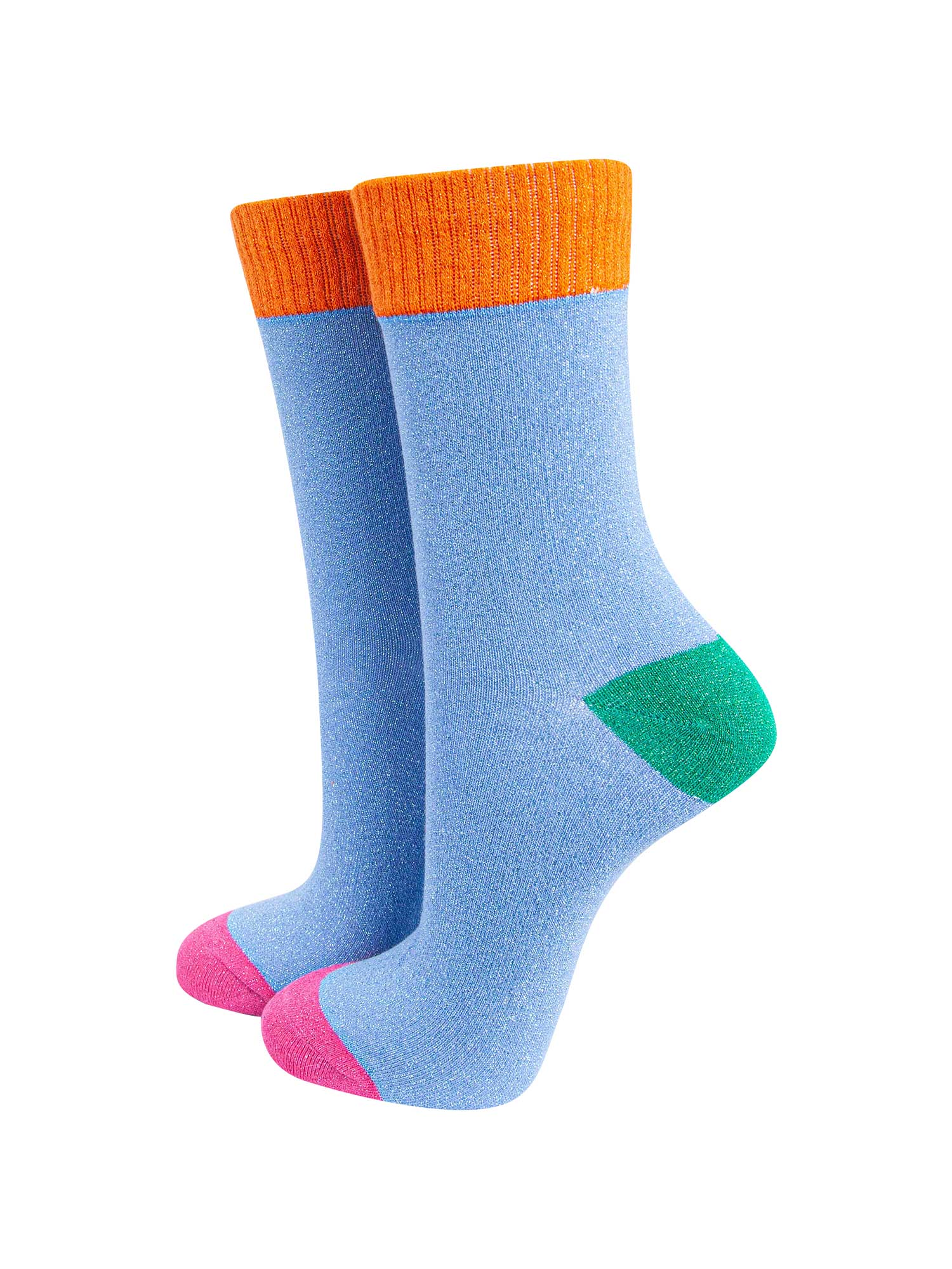 womens-glitter-socks-blue-orange-colour-burst-green-heel-pink-toe-sparkly-ribbed-cuffs