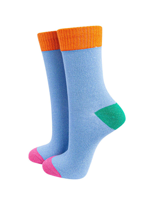 womens-glitter-socks-blue-orange-colour-burst-green-heel-pink-toe-sparkly-ribbed-cuffs