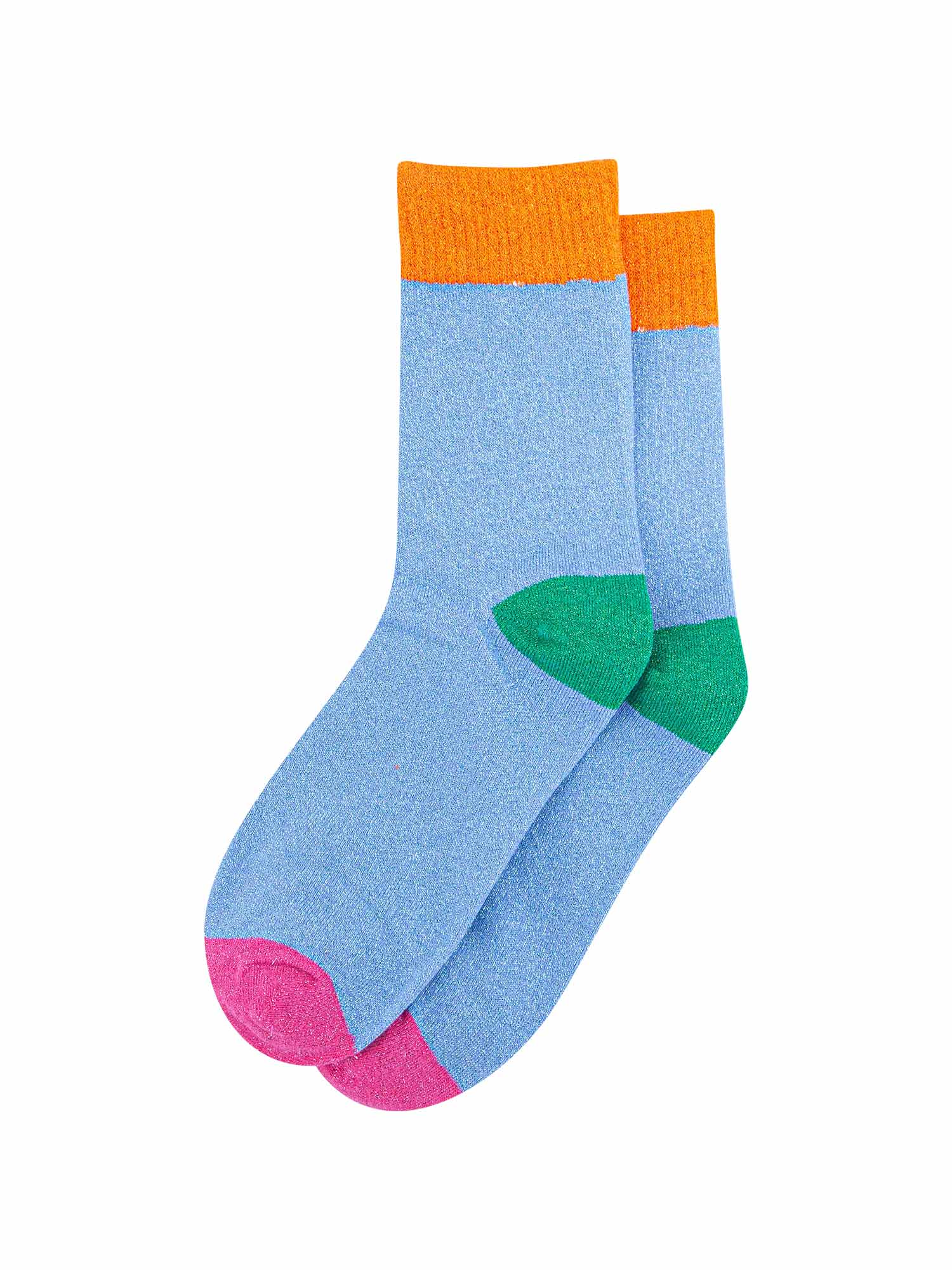 womens-glitter-socks-blue-orange-colour-burst-laying-flat-sparkly-cotton-multicoloured