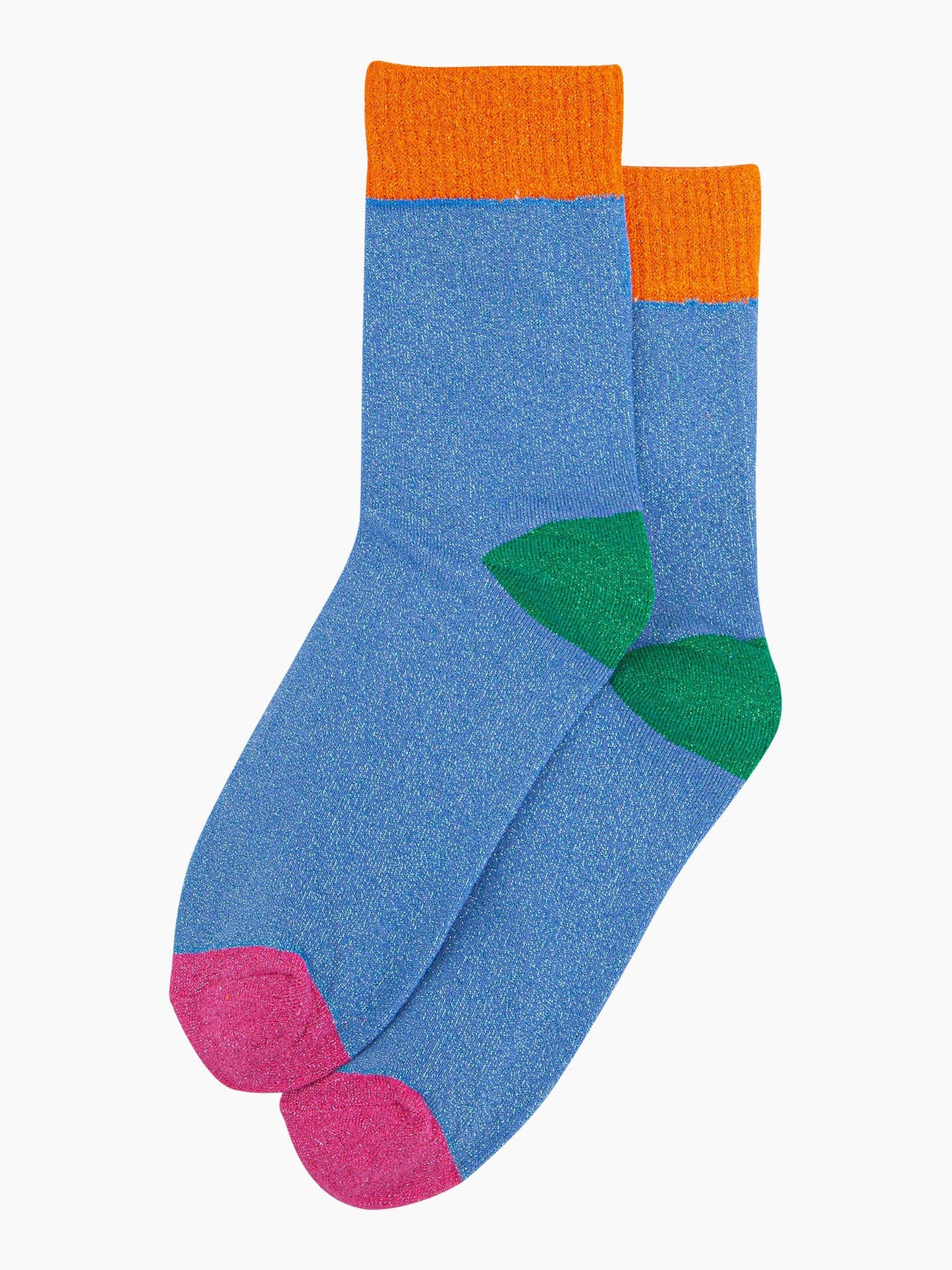 womens-glitter-socks-blue-orange-colour-burst-laying-flat-sparkly-cotton-multicoloured