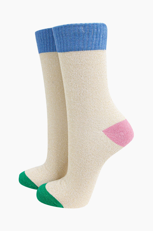 womens-glitter-socks-cream-denim-blue-colour-burst-green-toe-pink-heel-sparkly-ribbed-cuffs