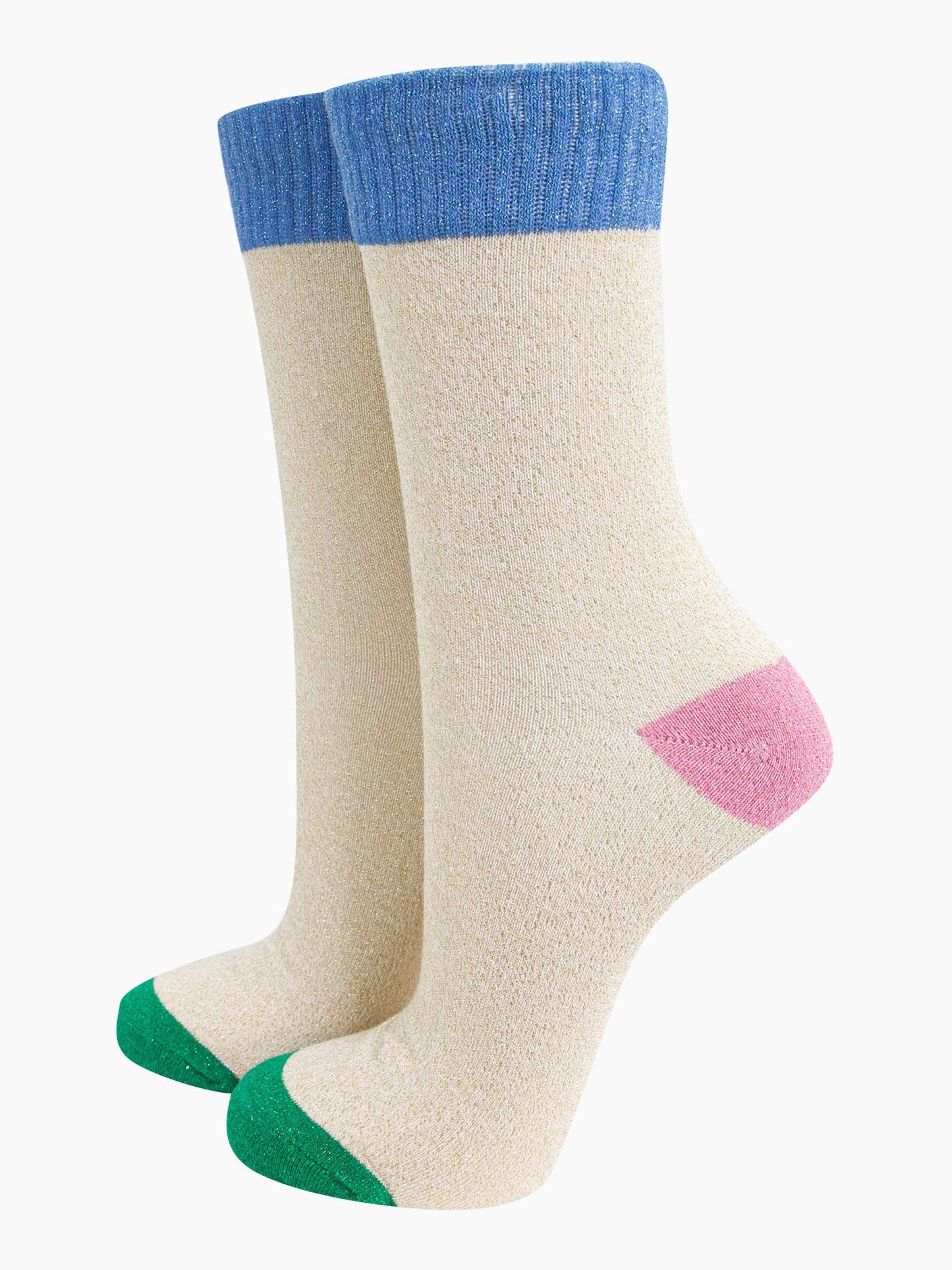 womens-glitter-socks-cream-denim-blue-colour-burst-green-toe-pink-heel-sparkly-ribbed-cuffs