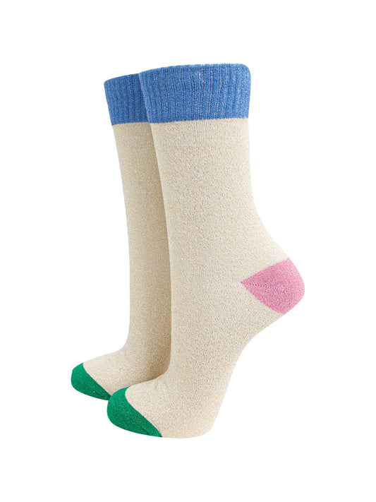 womens-glitter-socks-cream-denim-blue-colour-burst-green-toe-pink-heel-sparkly-ribbed-cuffs