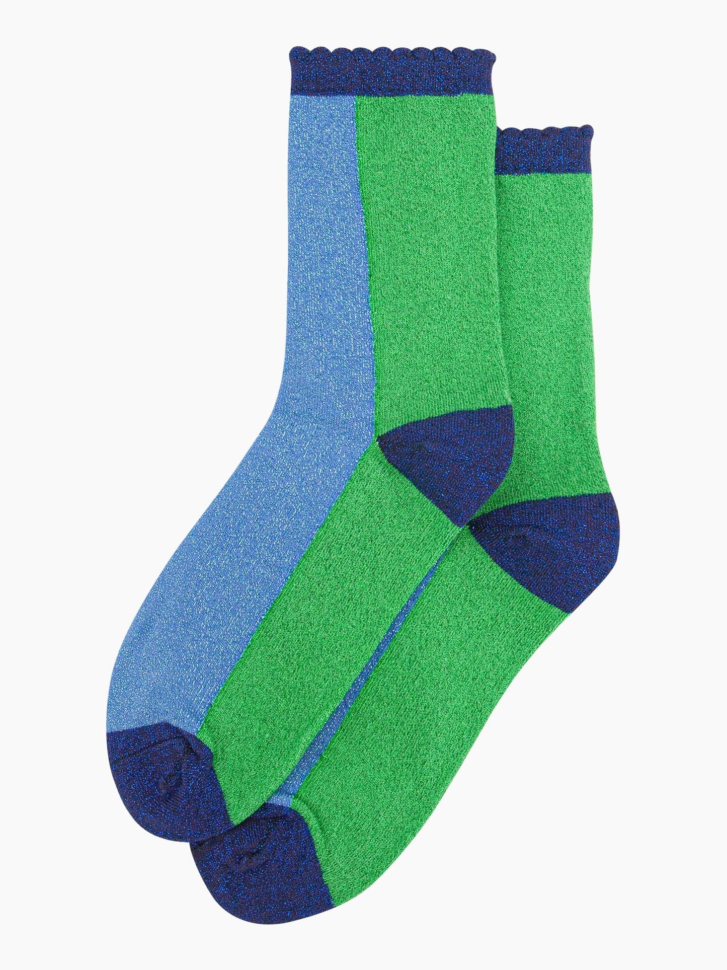 womens-glitter-socks-lime-denim-blue-colour-block-laying-flat