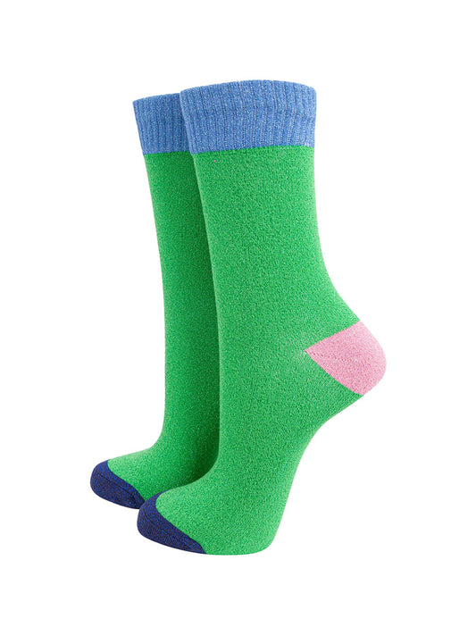Colour Burst Combed Cotton Glitter Socks in Lime/Blue