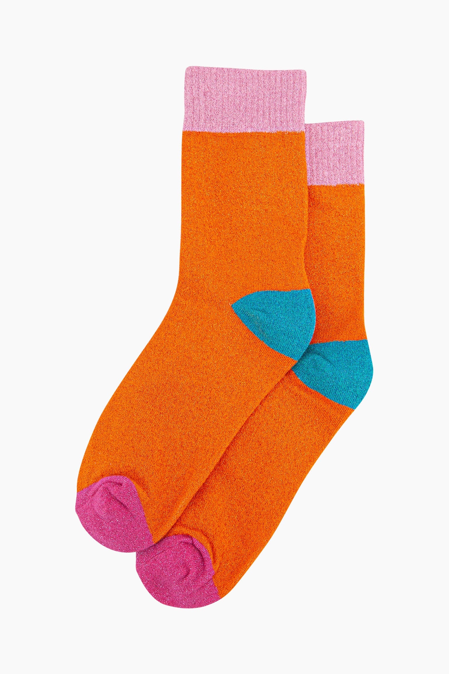 womens-glitter-socks-orange-light-pink-colour-burst-laying-flat-sparkly-cotton-multicoloured