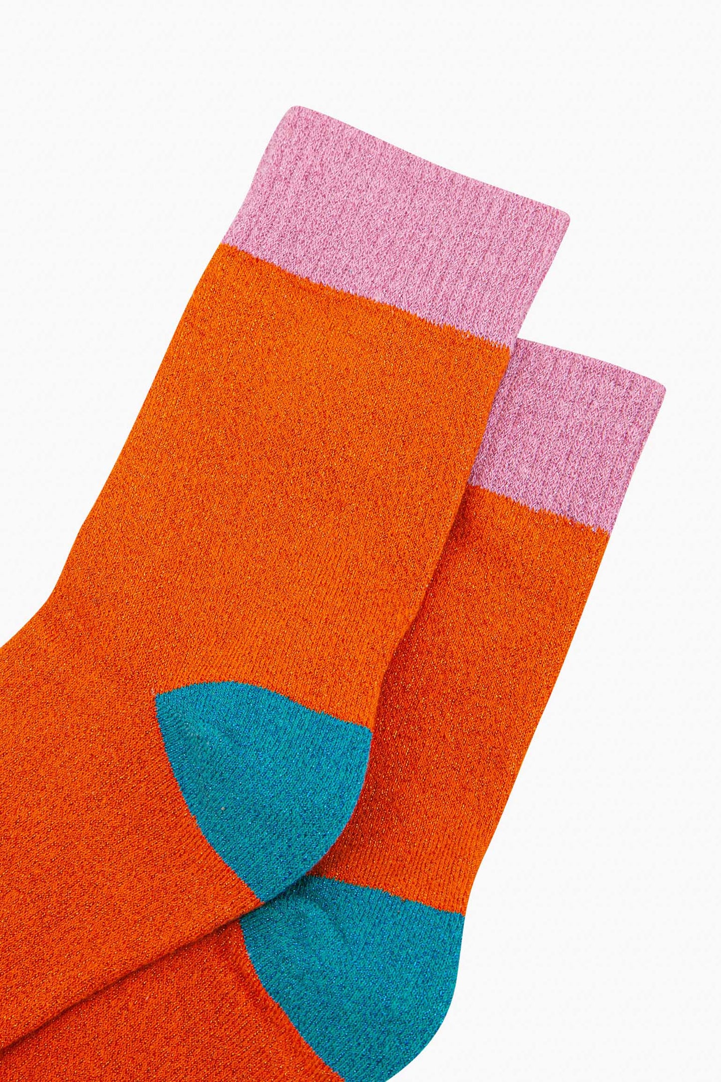 womens-glitter-socks-orange-light-pink-colour-burst-close-up-sparkly-ribbed-cuffs