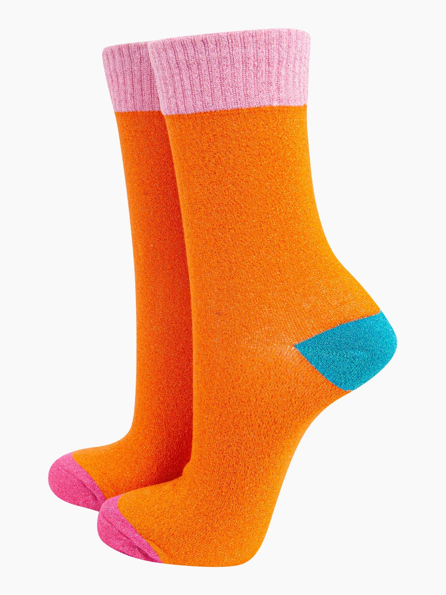 womens-glitter-socks-orange-light-pink-colour-burst-teal-heel-pink-toe-sparkly-ribbed-cuff