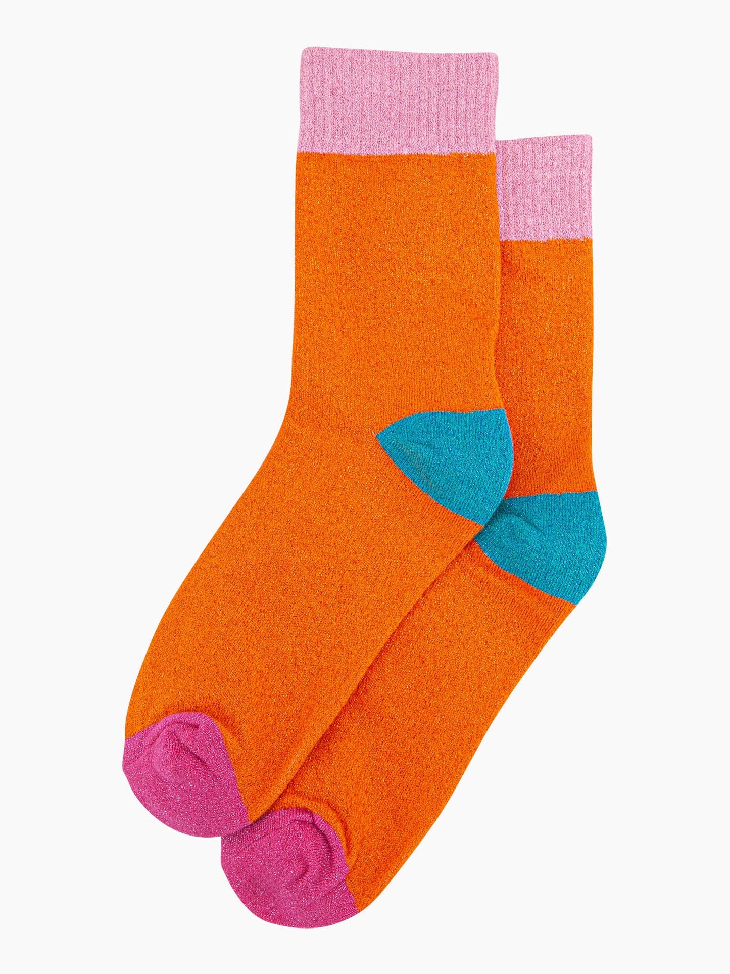 womens-glitter-socks-orange-light-pink-colour-burst-laying-flat-sparkly-cotton-multicoloured