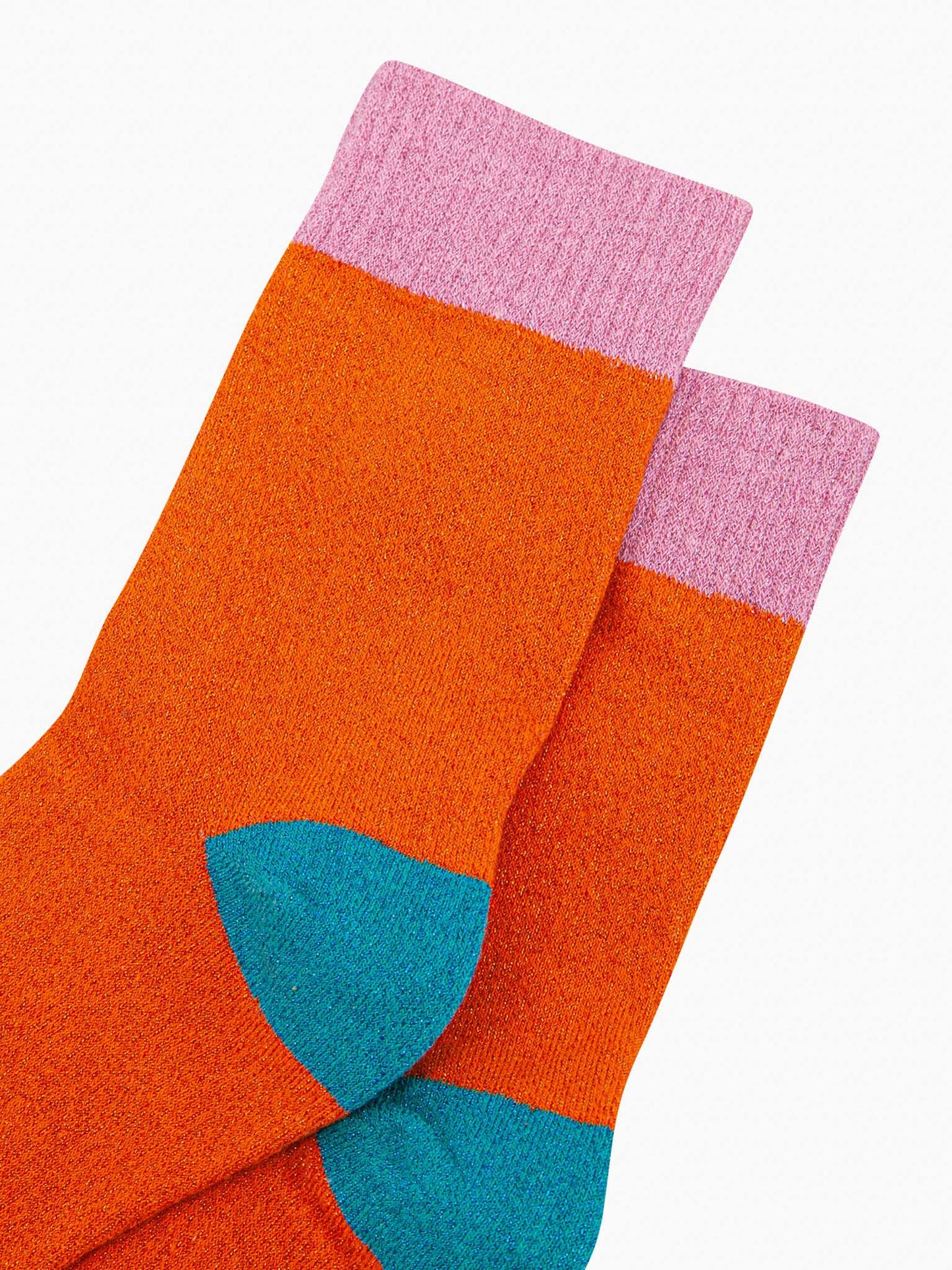 womens-glitter-socks-orange-light-pink-colour-burst-close-up-sparkly-ribbed-cuffs