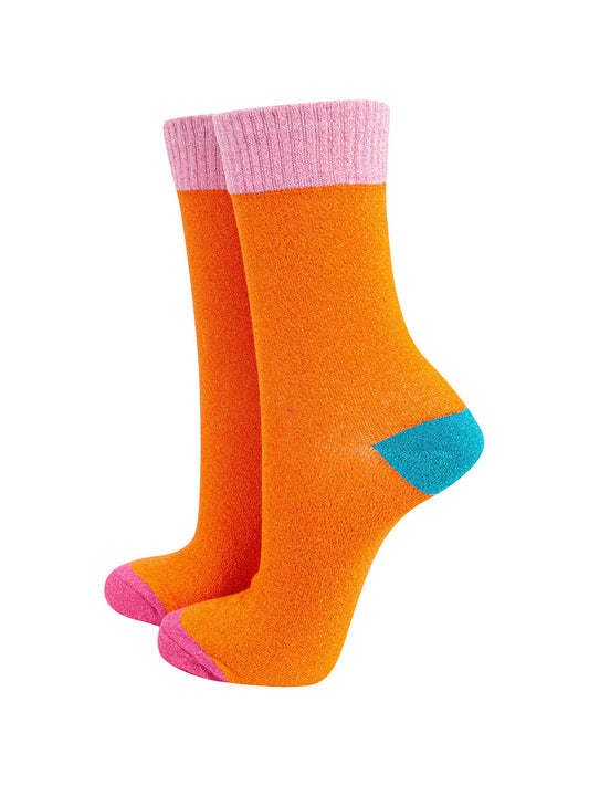 womens-glitter-socks-orange-light-pink-colour-burst-teal-heel-pink-toe-sparkly-ribbed-cuff