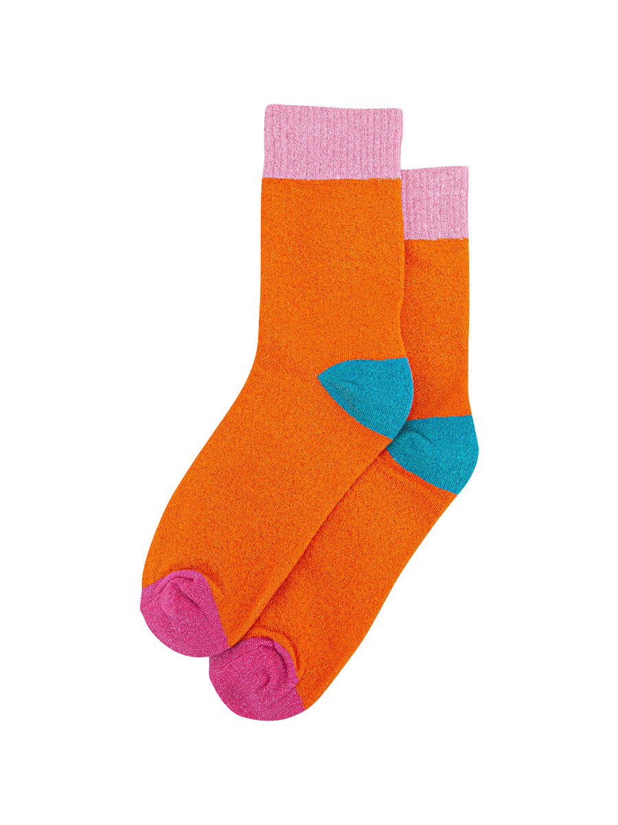 womens-glitter-socks-orange-light-pink-colour-burst-laying-flat-sparkly-cotton-multicoloured