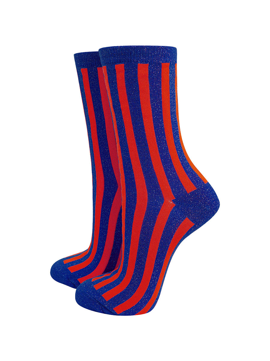 womens-glitter-socks-navy-blue-red-stripes-vertical-contrasting-stripe-pattern