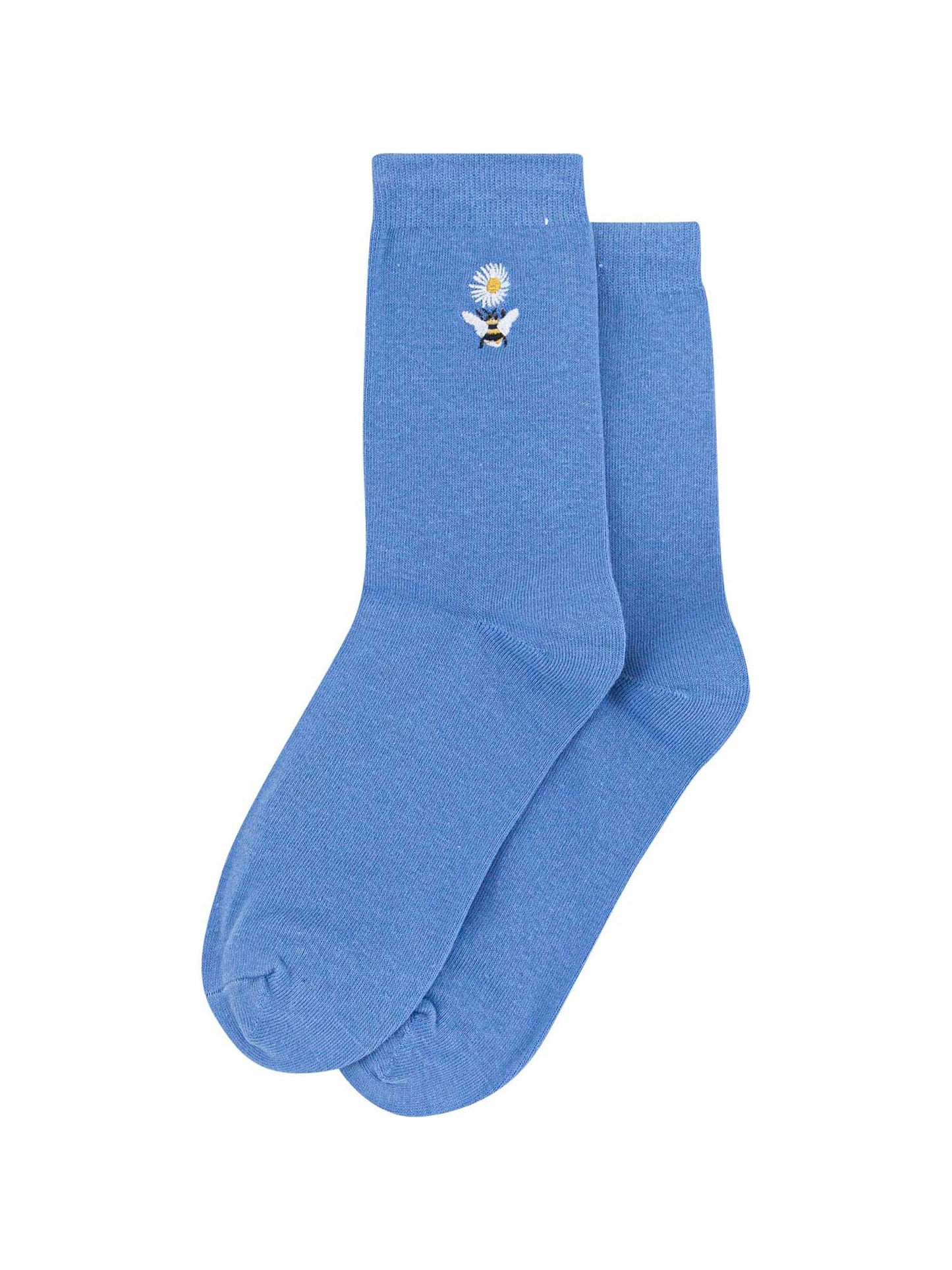 womens-embroidered-socks-light-blue-bee-daisy-flower-laying-flat-small-emboridery-motif-on-ankle