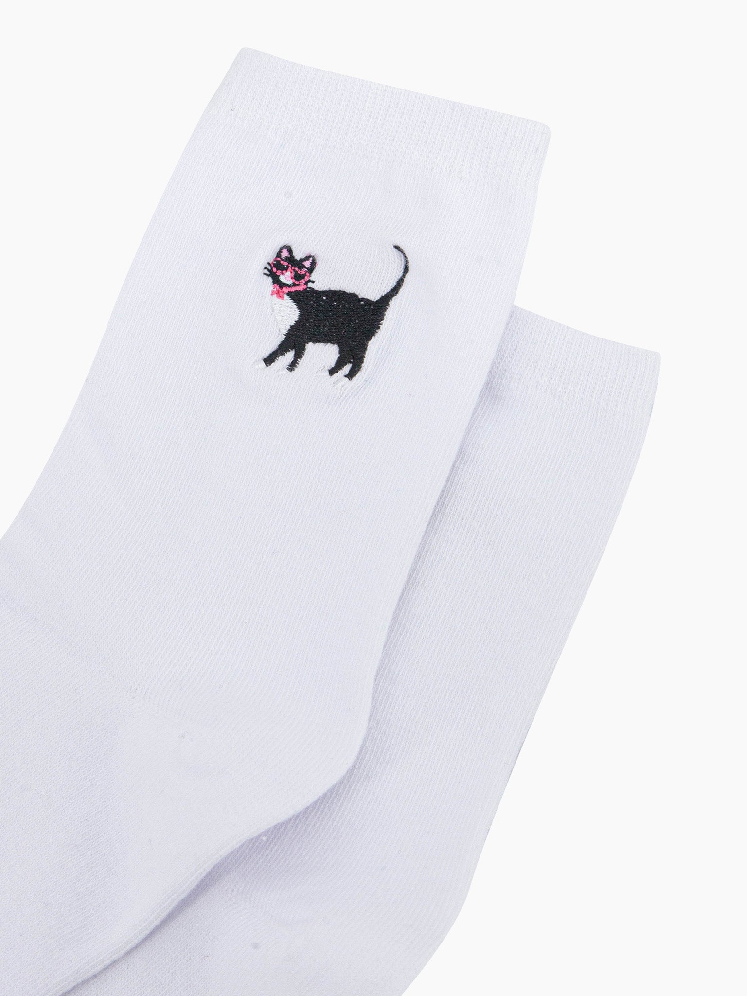 womens-embroidered-socks-white-cat-close-up-black-cat-wearing-pink-glasses-bowtie