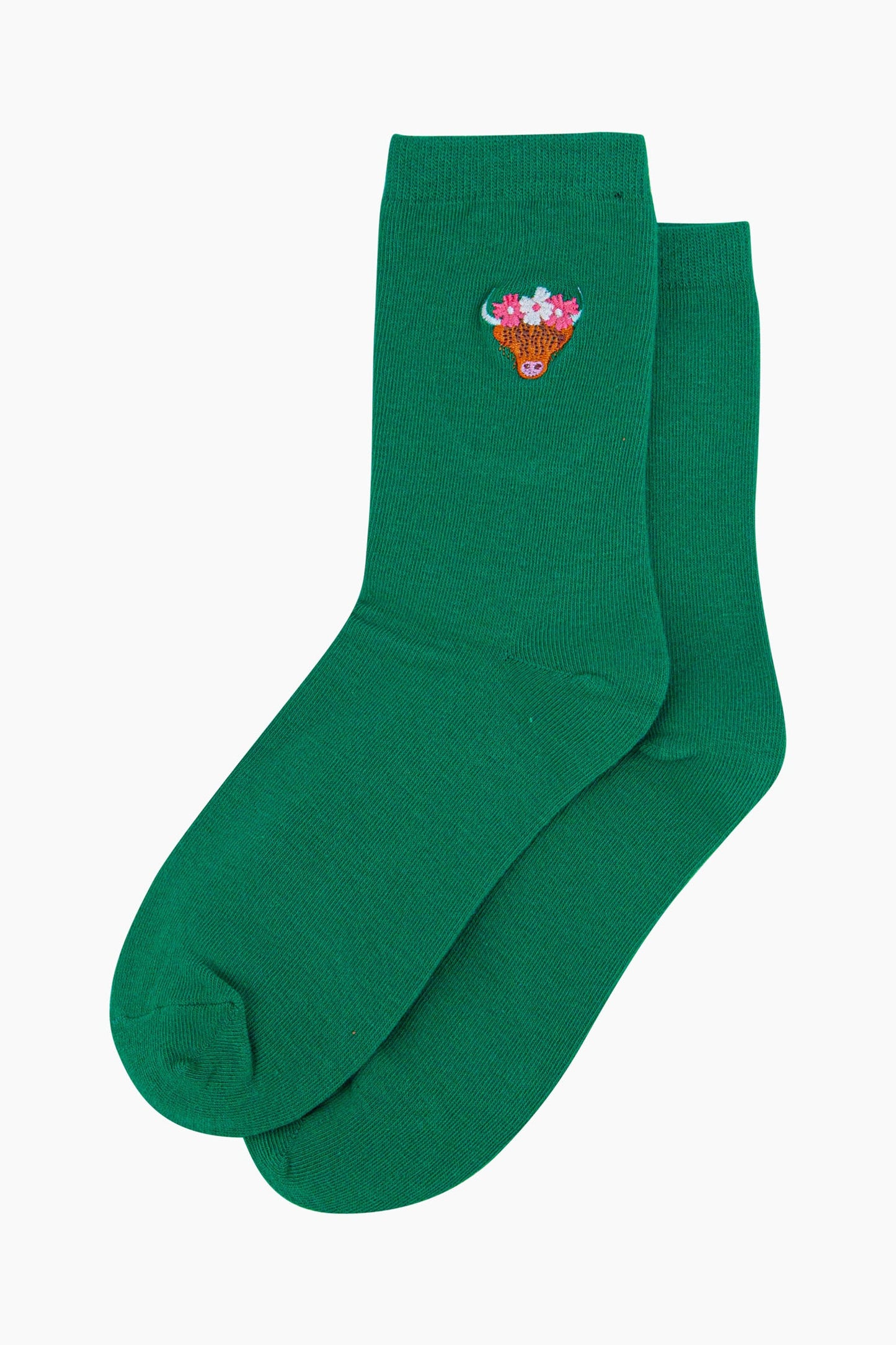 womens-embroidered-socks-green-highland-cow-laying-flat-small-highland-coo-embroidery-design-on-the-ankle